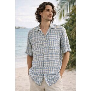 ZARA Mens Blue White Geometric Print Short Sleeve Button Up Shirt Size M Relaxed